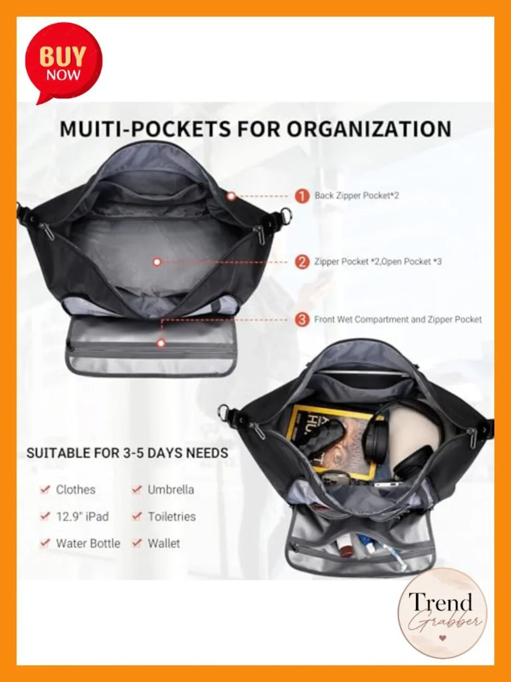 Nylon Duffle Bag 50L Men's Travel Weekender with Toiletry Bag